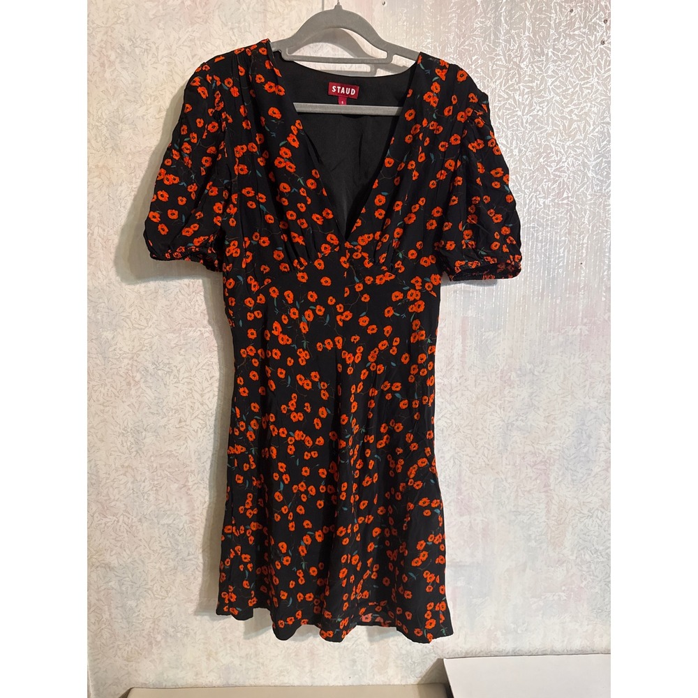 Staud Orange Poppy Floral V-Neck Mini Dress Black Puff Sleeve Size 8